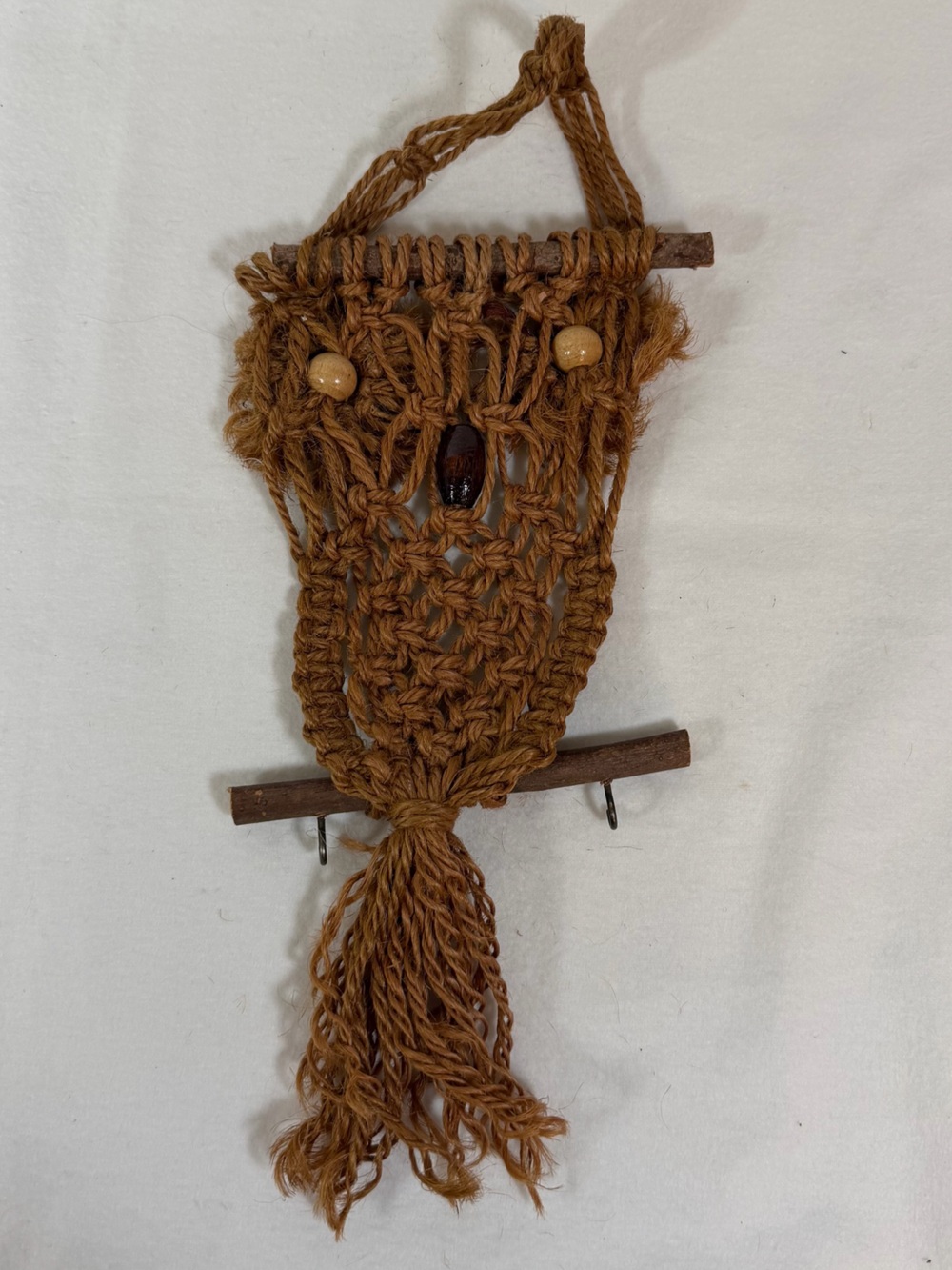 Vtg 1970s Boho 15" Macrame Owl on Branch Wall Hanging Decor Folk Art Bead Eyes